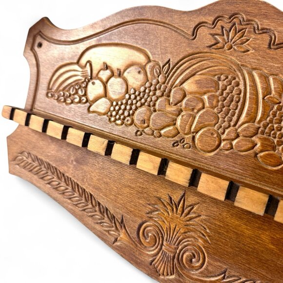 Vintage Carved Wooden Spoon Rack – Cornucopia Fruit & Wheat Sheaf - Farmhouse - Picture 2 of 6